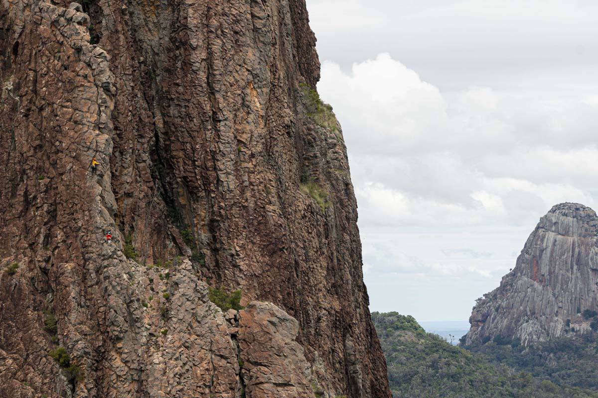John Morris leading the crux pitch of Cornerstone Rib (14) on Crater Bluff
